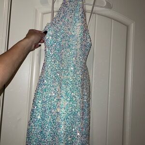 Blue Sequin Sleeveless Backless Dress